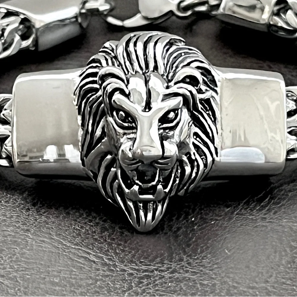 Men's Heavy Silver Stainless Steel Lion Head Bracelet